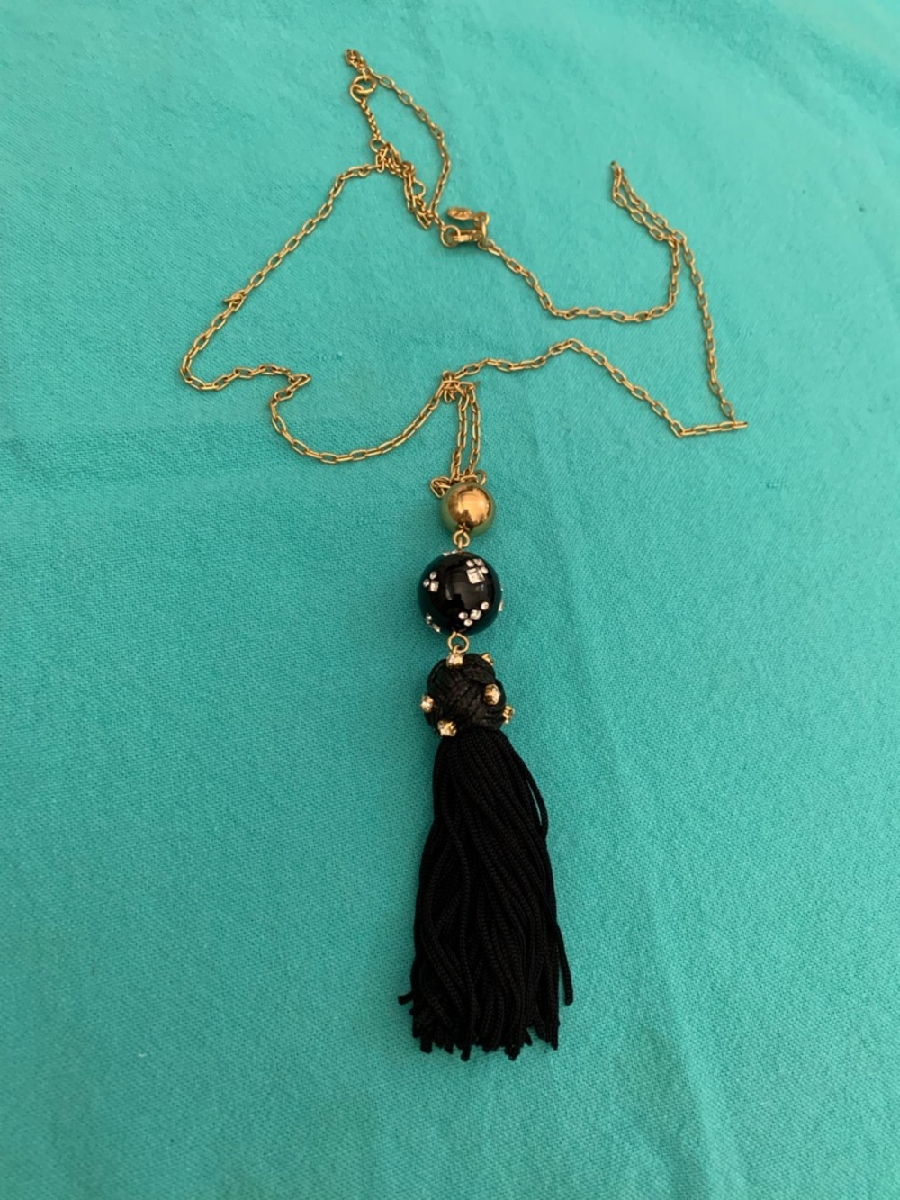 Gold Chain Necklace with Black Bead and Black Tassel